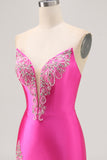 Fuchsia Strapless Beaded Tight Satin Short Homecoming Dress with Rhinestones