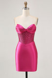 Sparkly Strapless Beaded Corset Short Bodycon Fuchsia Homecoming Dress