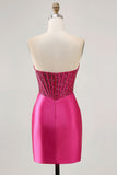 Sparkly Strapless Beaded Corset Short Bodycon Fuchsia Homecoming Dress