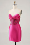 Fuchsia Strapless Bodycon Beaded Corset Homecoming Dress