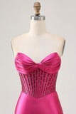 Fuchsia Strapless Bodycon Beaded Corset Homecoming Dress