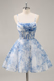 White Blue Flower A Line Spaghetti Straps Corset Short Homecoming Dress