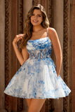 White Blue Flower A Line Spaghetti Straps Corset Short Homecoming Dress