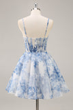White Blue Flower A Line Spaghetti Straps Corset Homecoming Dress