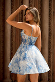 White Blue Flower A Line Spaghetti Straps Corset Short Homecoming Dress