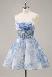 White Blue Flower A Line Spaghetti Straps Corset Homecoming Dress