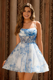 White Blue Flower A Line Spaghetti Straps Corset Short Homecoming Dress