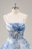 White Blue Flower A Line Spaghetti Straps Corset Homecoming Dress