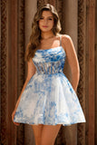White Blue Flower A Line Spaghetti Straps Corset Short Homecoming Dress