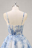 White Blue Flower A Line Spaghetti Straps Corset Homecoming Dress