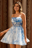 White Blue Flower A Line Spaghetti Straps Corset Short Homecoming Dress