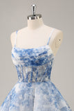 White Blue Flower A Line Spaghetti Straps Corset Homecoming Dress