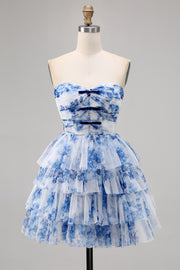 White Blue Flower Strapless A-Line Tiered Corset Short Homecoming Dress