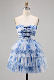 White Blue Flower A-Line Strapless Tiered Homecoming Dress with Lace Up Back