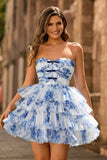 White Blue Flower A-Line Strapless Tiered Homecoming Dress with Lace Up Back