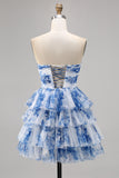 White Blue Flower Strapless A-Line Tiered Corset Short Homecoming Dress