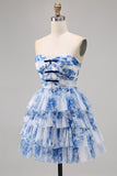 White Blue Flower Strapless A-Line Tiered Corset Short Homecoming Dress
