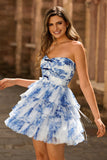 White Blue Flower A-Line Strapless Tiered Homecoming Dress with Lace Up Back