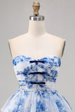 White Blue Flower Strapless A-Line Tiered Corset Short Homecoming Dress