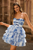 White Blue Flower A-Line Strapless Tiered Homecoming Dress with Lace Up Back