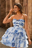 White Blue Flower A-Line Strapless Tiered Homecoming Dress with Lace Up Back