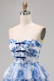White Blue Flower Strapless A-Line Tiered Corset Short Homecoming Dress