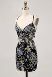 Lilac Spaghetti Straps Short Floral Tight Homecoming Dress