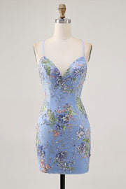Floral Blue Short Tight Homecoming Dress with Appliques