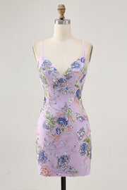 Lilac Spaghetti Straps Short Floral Tight Homecoming Dress