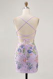 Pink Spaghetti Straps Short Floral Tight Homecoming Dress with Lace Up Back