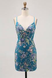 Peacock Floral Tight Spaghetti Straps Short Homecoming Dress with Sequins