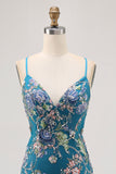 Floral Blue Short Tight Homecoming Dress with Appliques