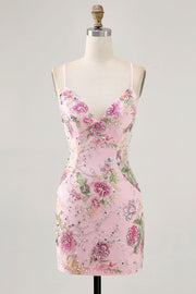Pink Spaghetti Straps Short Floral Tight Homecoming Dress with Lace Up Back