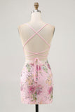 Pink Spaghetti Straps Short Floral Tight Homecoming Dress with Lace Up Back