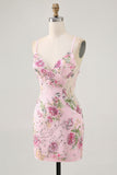 Pink Spaghetti Straps Short Floral Tight Homecoming Dress with Lace Up Back