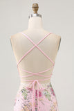 Pink Spaghetti Straps Short Floral Tight Homecoming Dress with Lace Up Back