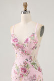 Pink Spaghetti Straps Short Floral Tight Homecoming Dress with Lace Up Back