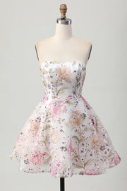 Pink A-Line Strapless Floral Short Homecoming Dress with Sequins