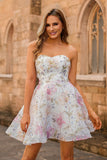 Sparkly A-Line Sequins Strapless Floral Short Homecoming Dress