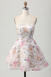 Sparkly A-Line Sequins Strapless Floral Short Homecoming Dress
