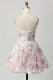 Pink A-Line Strapless Floral Short Homecoming Dress with Sequins