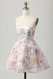 Pink A-Line Strapless Floral Short Homecoming Dress with Sequins