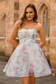 Sparkly A-Line Sequins Strapless Floral Short Homecoming Dress