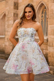Sparkly A-Line Sequins Strapless Floral Short Homecoming Dress