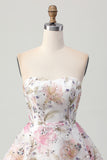 Pink A-Line Strapless Floral Short Homecoming Dress with Sequins
