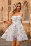 Sparkly A-Line Sequins Strapless Floral Short Homecoming Dress