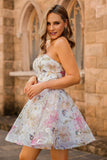 Sparkly A-Line Sequins Strapless Floral Short Homecoming Dress