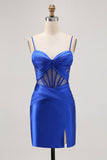 Royal Blue Bodycon Sheer Corset Pleated Homecoming Dress with Slit