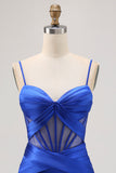 Royal Blue Bodycon Sheer Corset Pleated Homecoming Dress with Slit
