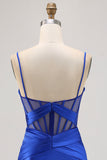 Royal Blue Bodycon Sheer Corset Pleated Homecoming Dress with Slit